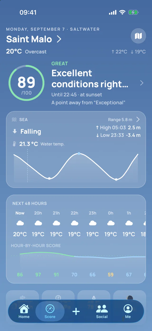 Score screen — fishing conditions