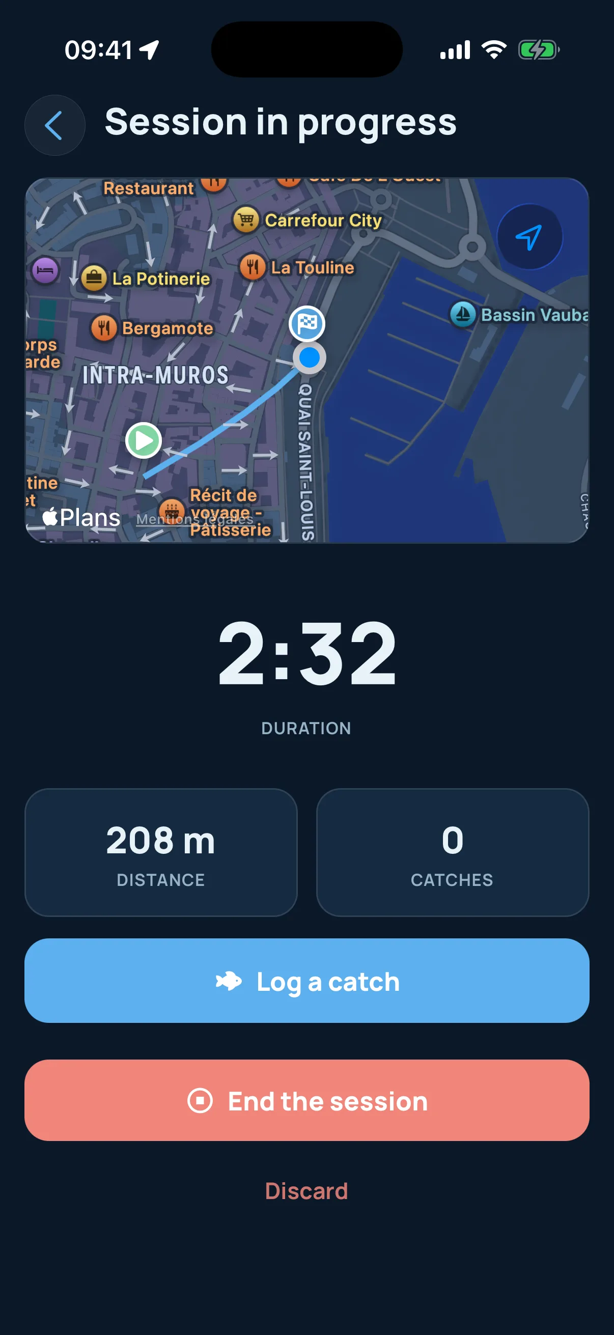 Piscary session in progress — clock, distance, catches
