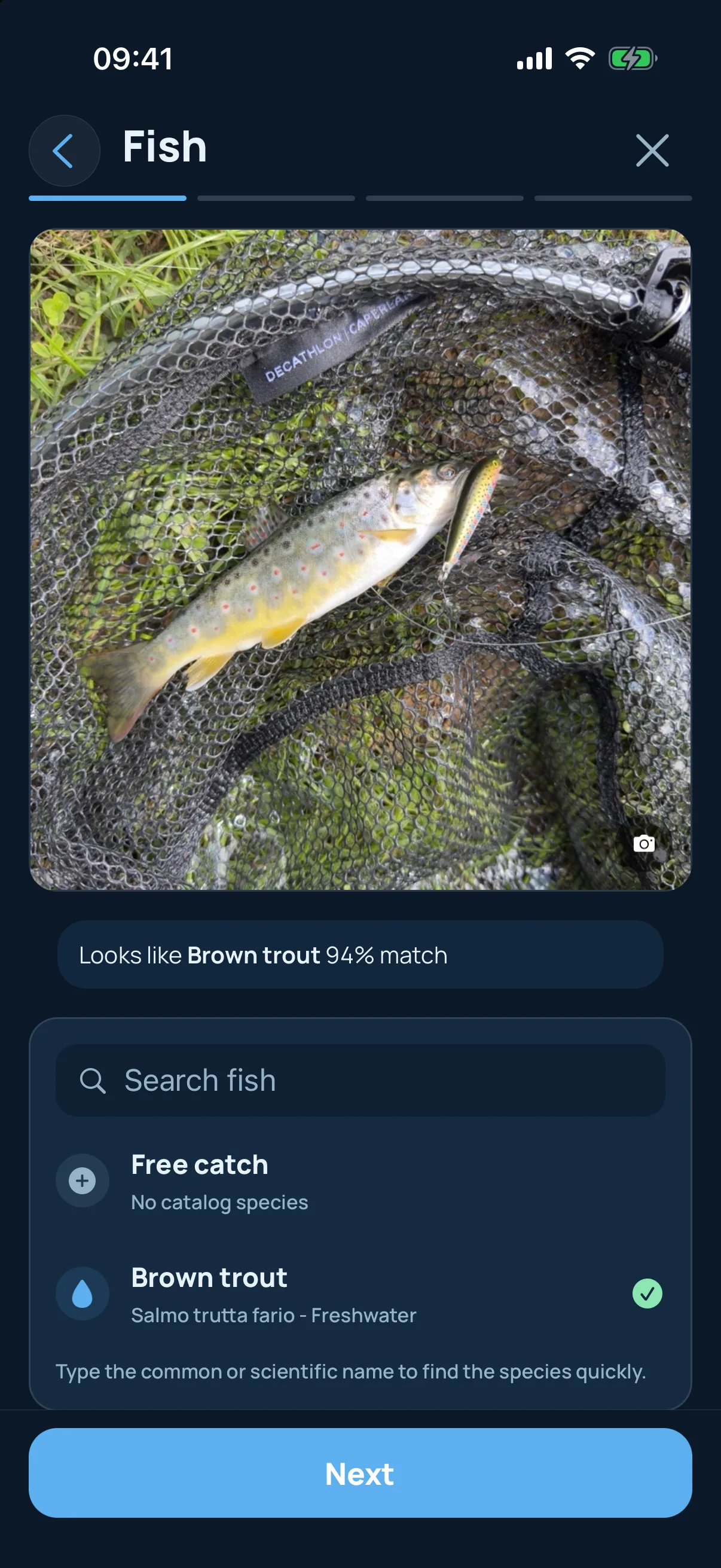 Logging a catch — the species suggested from the photo