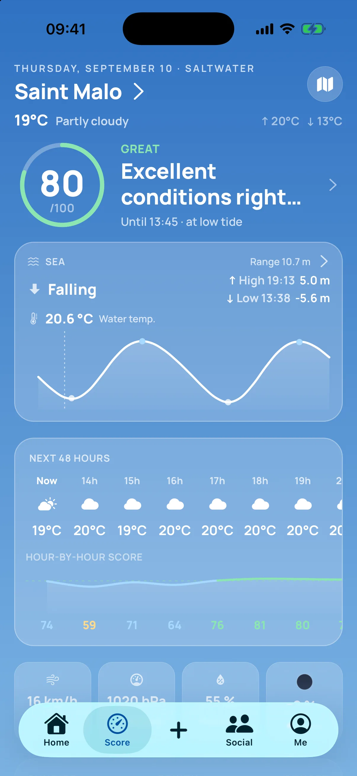 Score screen — fishing conditions