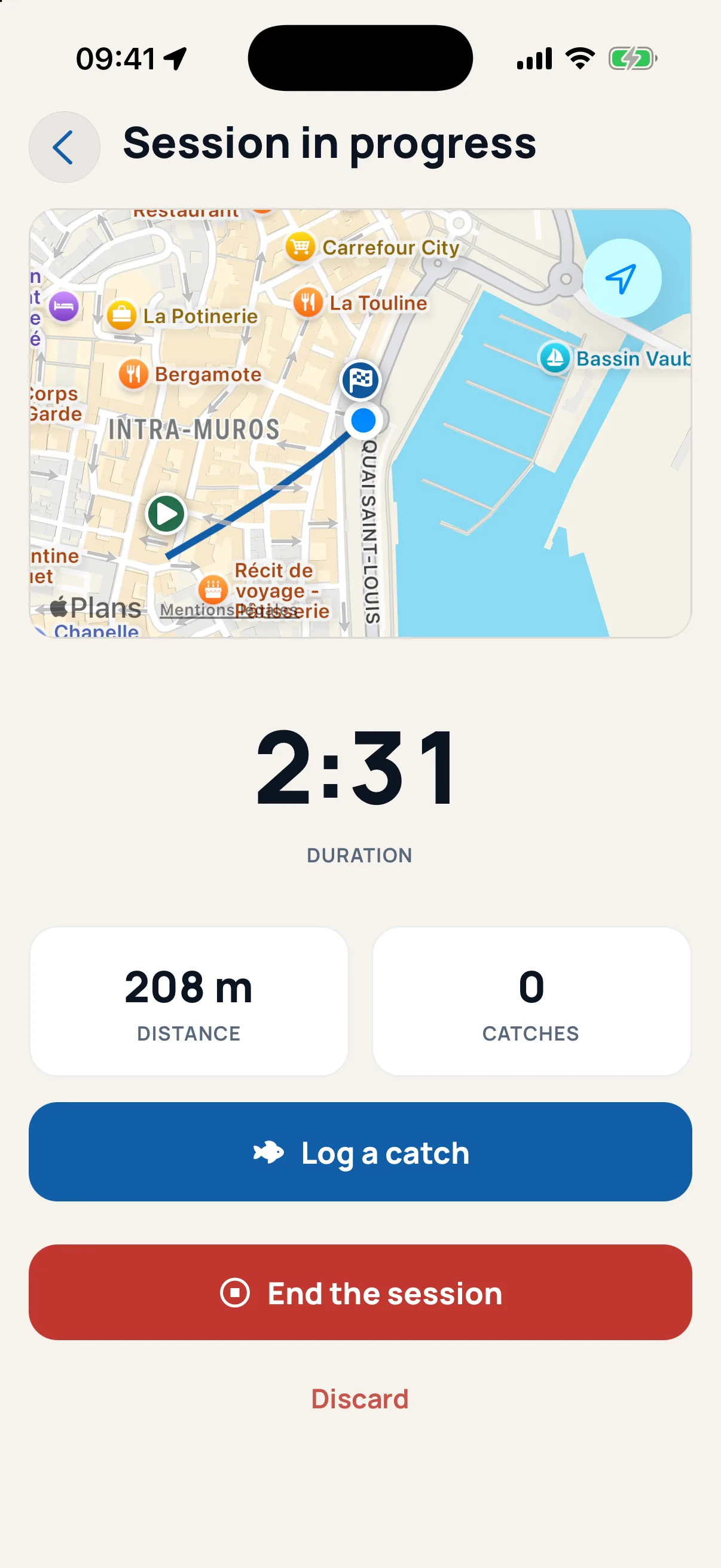 Piscary session in progress — clock, distance, catches