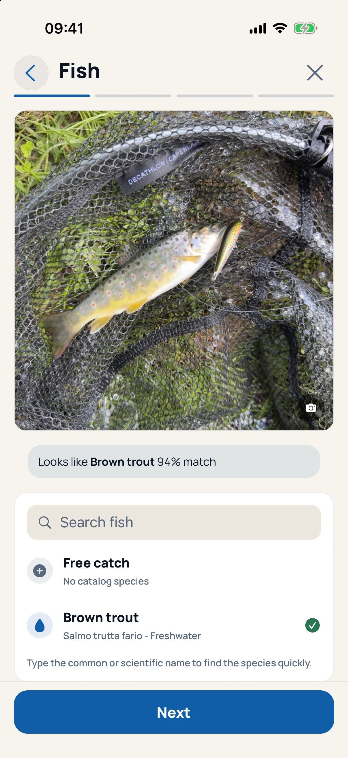 Logging a catch — the species suggested from the photo
