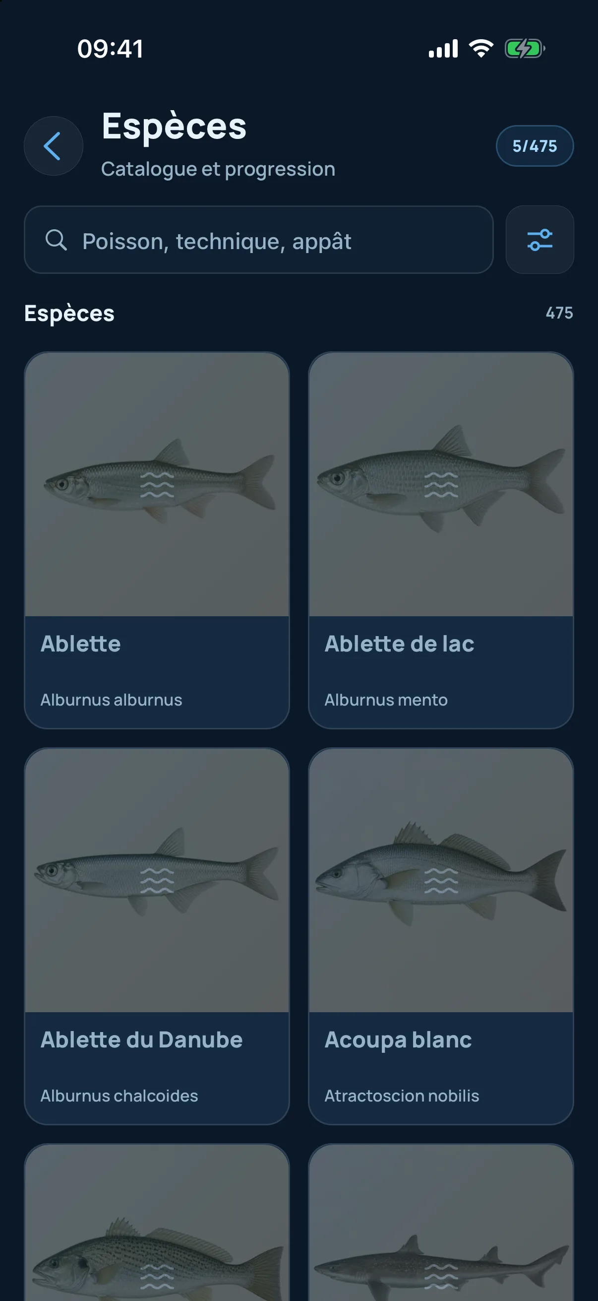 Espèces — catalogue de 474 poissons