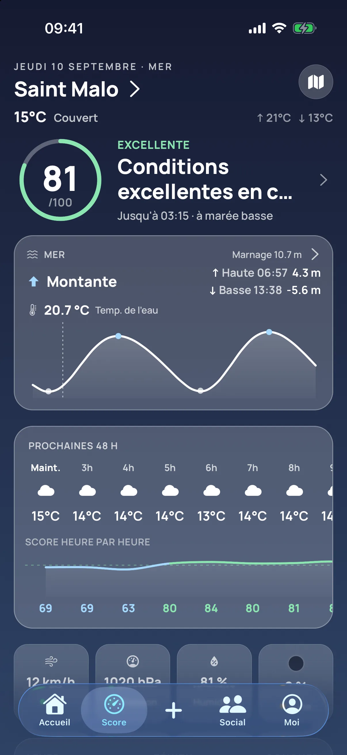 Écran Score — conditions de pêche