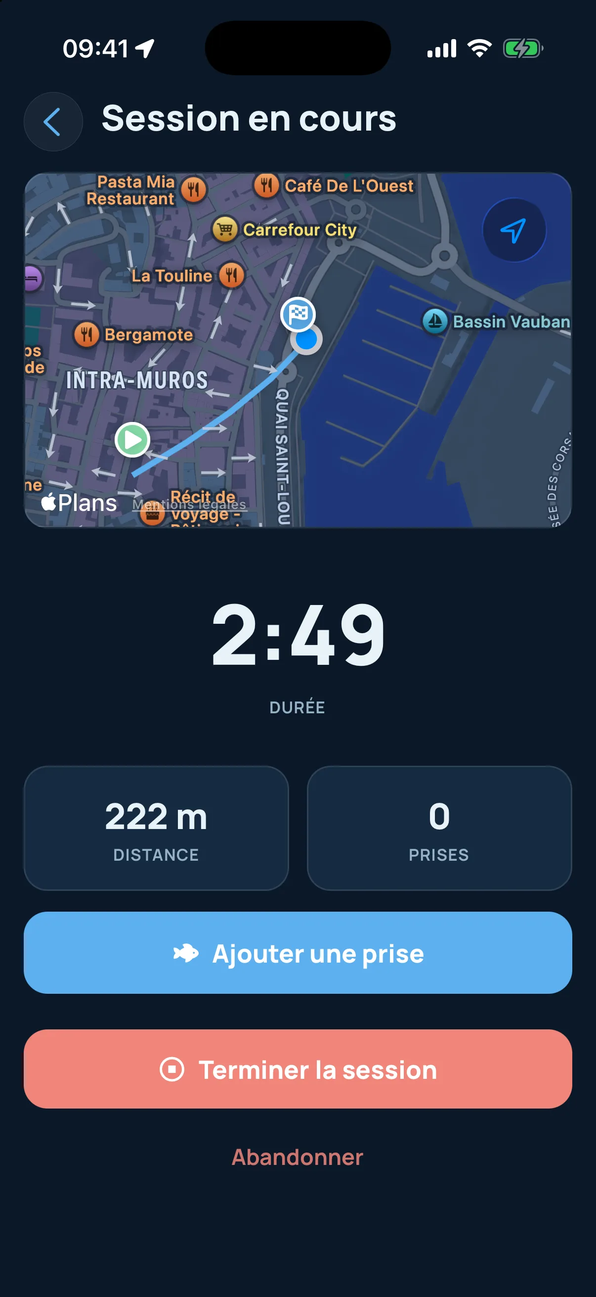Sortie en cours dans Piscary — chrono, distance, prises