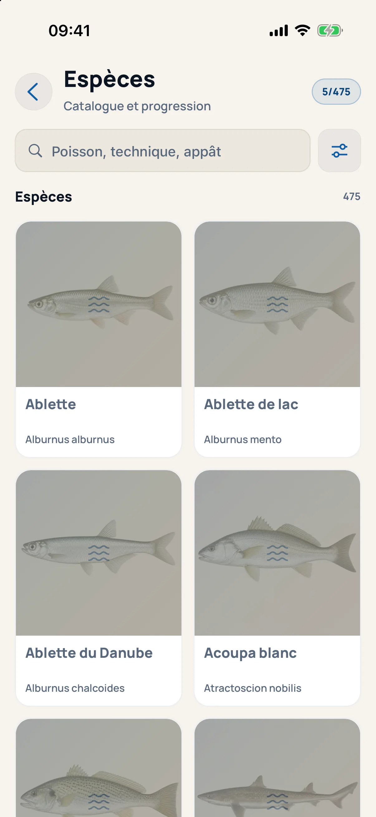 Espèces — catalogue de 474 poissons