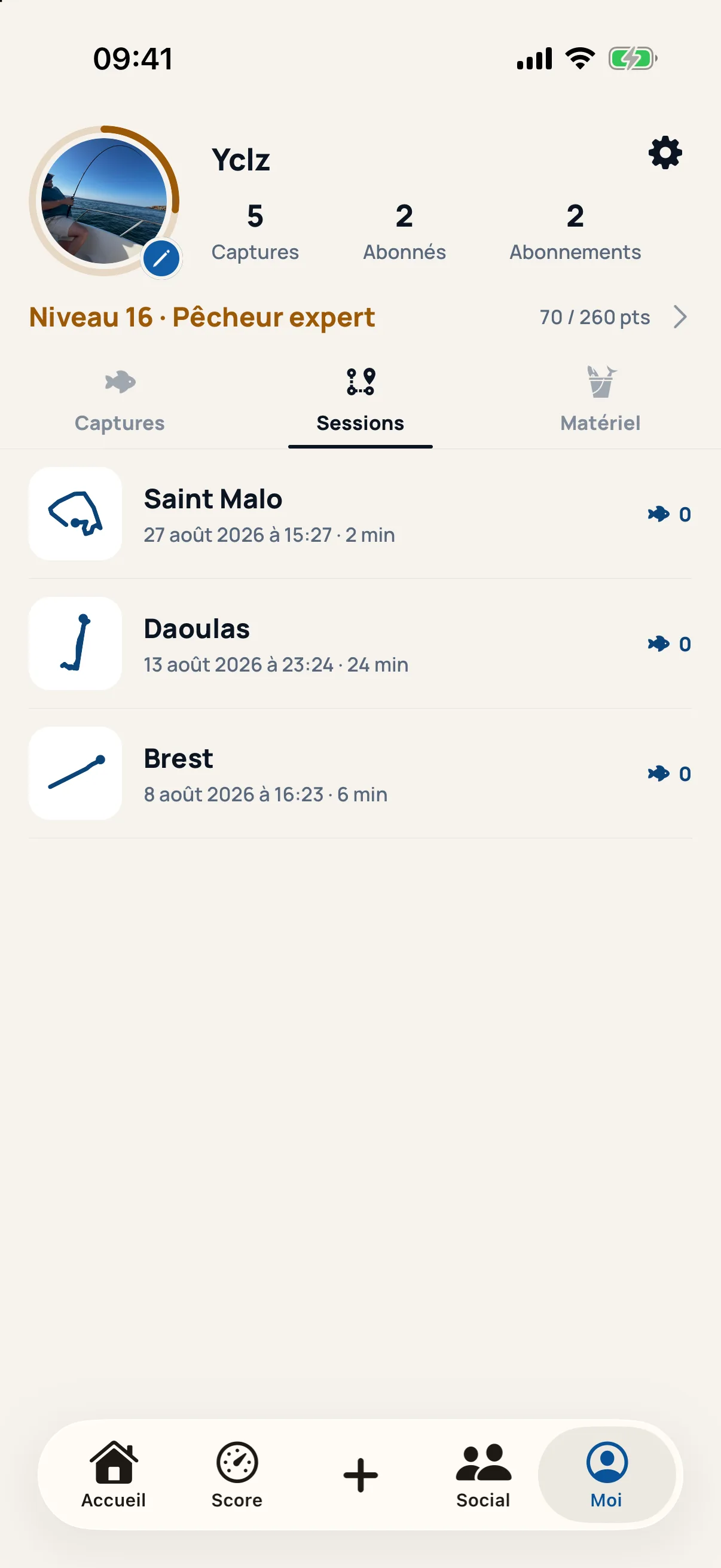 Profil — tes sorties et ton matériel