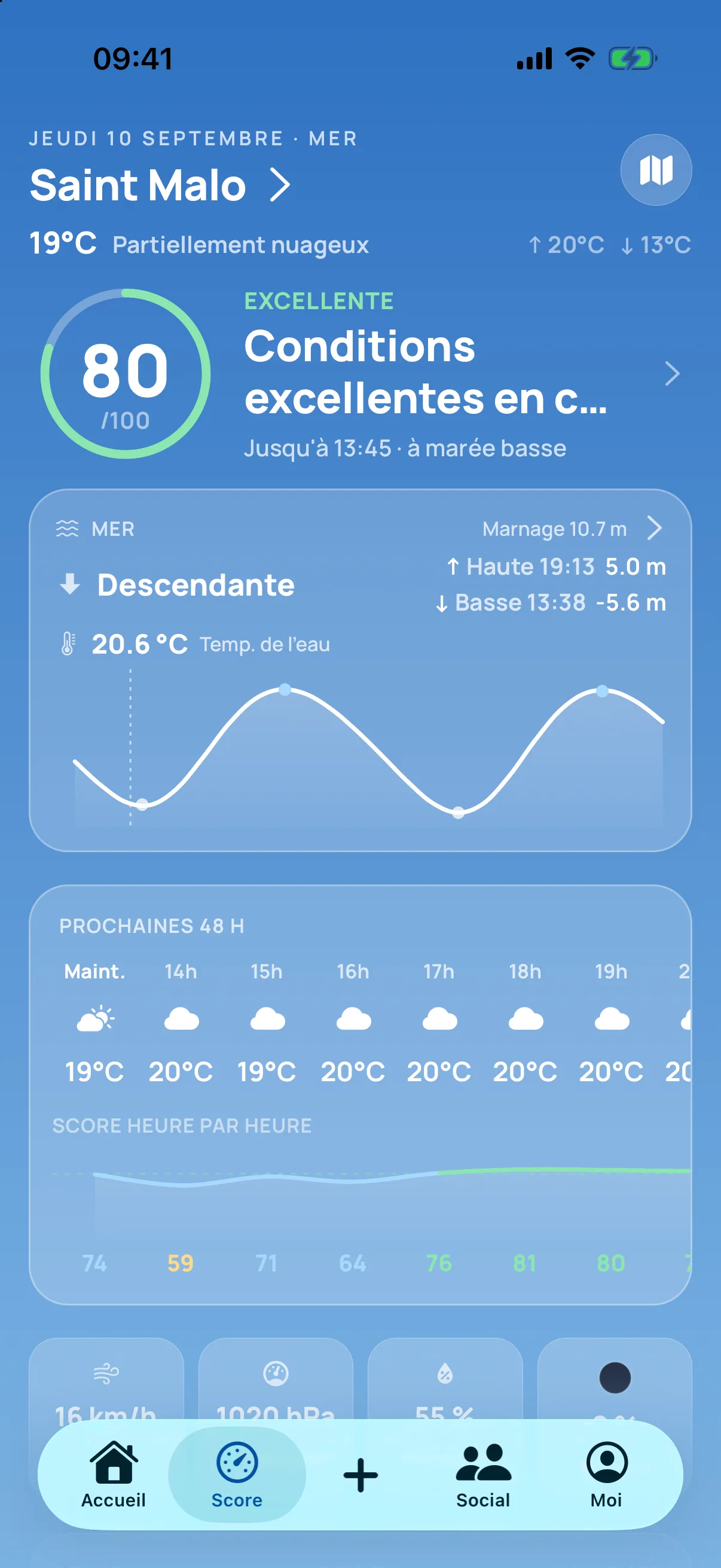 Écran Score — conditions de pêche