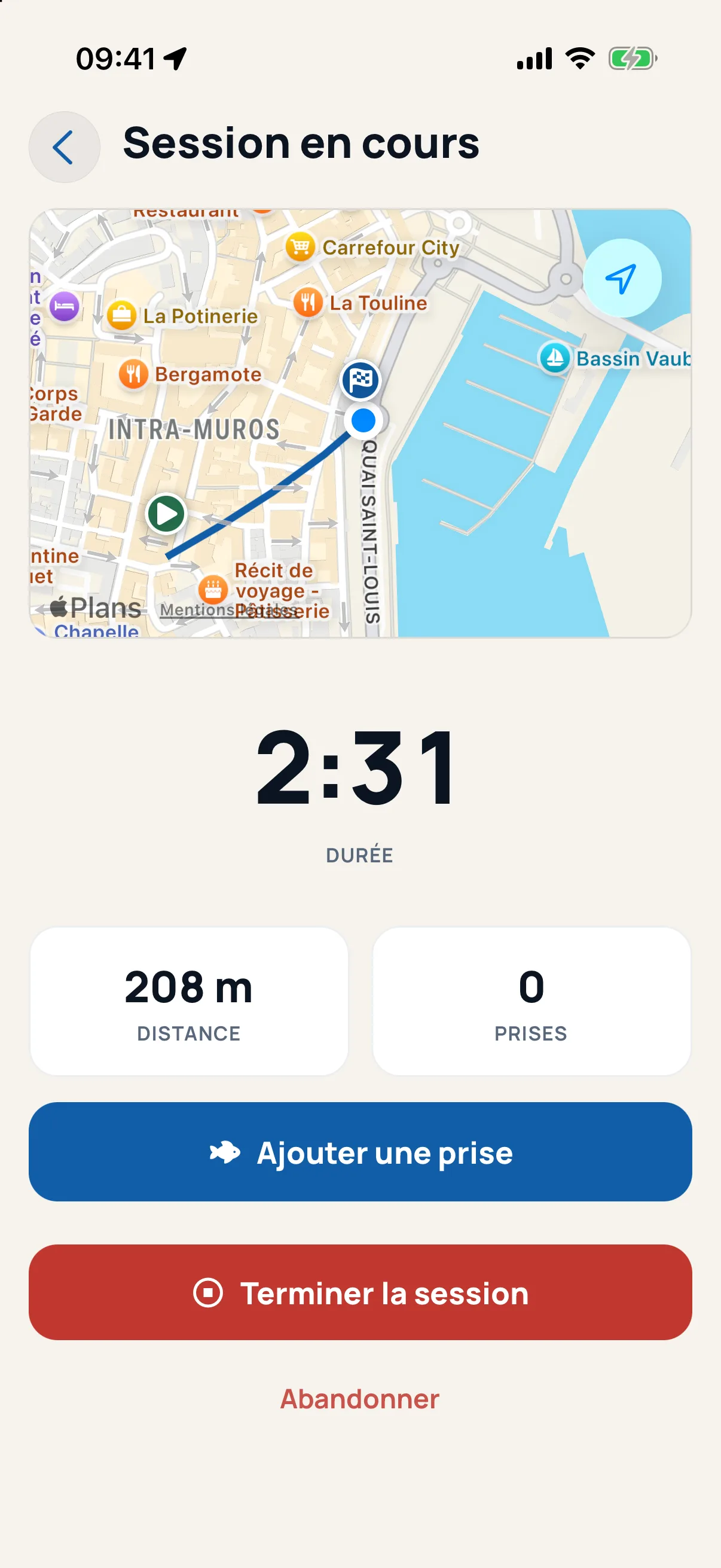 Sortie en cours dans Piscary — chrono, distance, prises